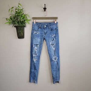 American Eagle Super Low Jegging Distressed Skinny Medium Wash AE 4 Jeans